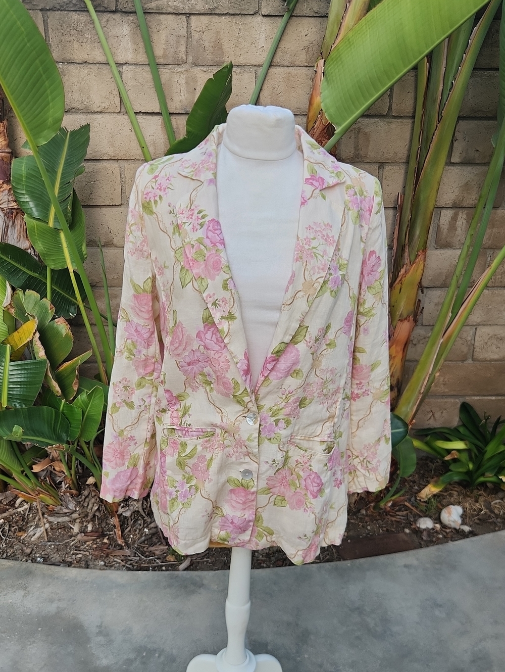 Spell Rose Garden Floral Blazer Jacket Cream Pink Rose Cottagecore Linen Small